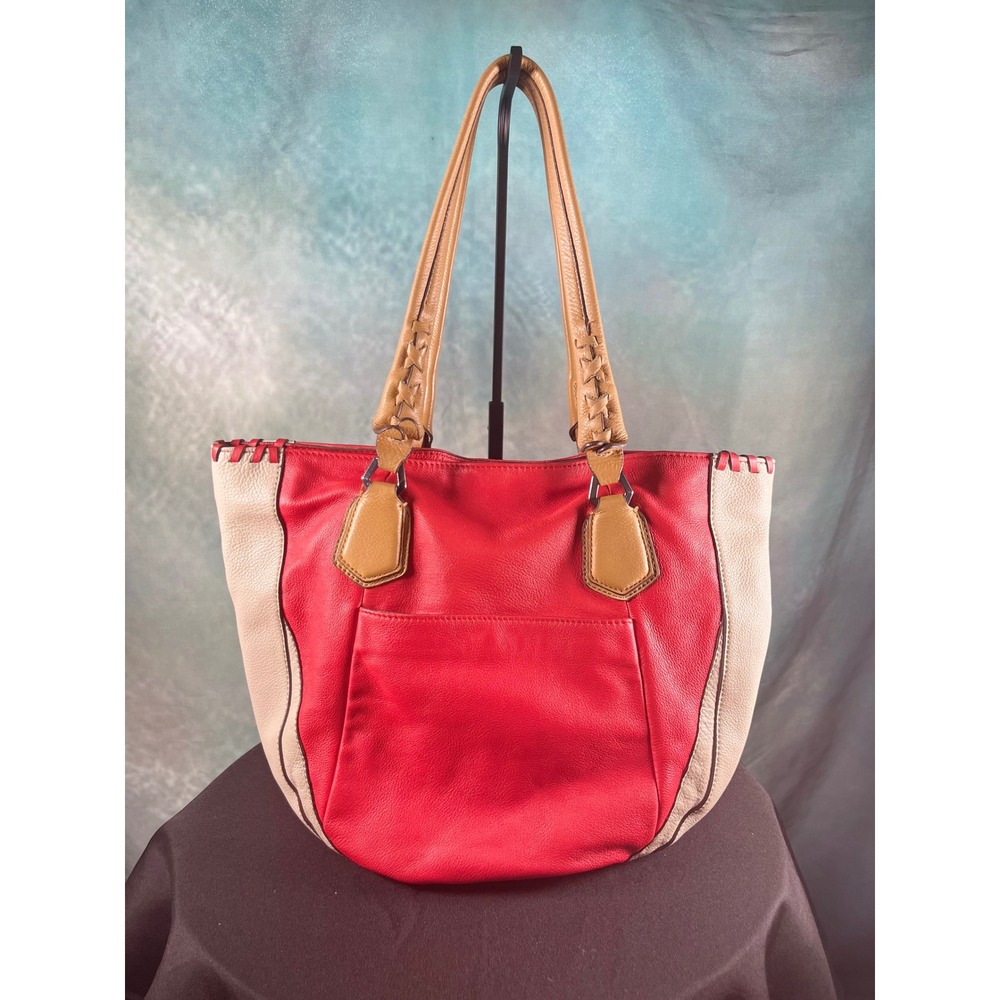 Oryany Lysse Red Beige Leather Tote Bag Braided Handles Woven Large Shoulder Bag - Picture 2 of 10